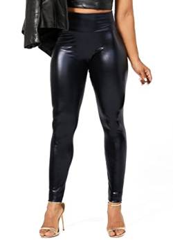 TZLDN Damen Leder Thermoleggins Gefütterte Winterleggins High Waist Lederhose Winter Lederoptik Leggings B04 Glänzendes Schwarz (Dünner Flaum) L von TZLDN