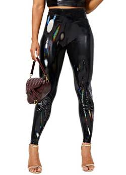 TZLDN Damen Leder Thermoleggins Gefütterte Winterleggins Wetlook High Waist Lederhose Winter Lederoptik Leggings B09 Schwarz - Laser S von TZLDN