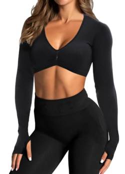 TZLDN Damen Nahtlos Sport Oberteile - Bauchfrei Langarm Laufshirt Sportshirt für Yoga Fitness Gym Workout Jogging #1.2 Schwarz L von TZLDN