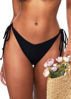 TZLDN Damen Scrunch Bikinihose - Sexy Geraffte Brasilianer Niedrige Taille verstellbar Triangel Bikini Slip B02 Schwarz S von TZLDN