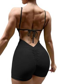 TZLDN Damen Sport Rückenfrei Jumpsuit Yoga Bodysuit Overall Leggings Bandage Playsuits Strampler Hosenanzug Trainingsanzug Tie Back - Schwarz XS von TZLDN
