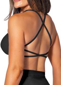 TZLDN Sport BH Rückenfrei Damen Gepolstert Bustier Cross Back Gym Yoga Push up Bra Crop Top Sport Oberteile ohne bügel C01 Schwarz S von TZLDN