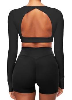 TZLDN Sport Oberteile Damen Rückenfrei T-Shirt Gym Top Yoga Langarm Crop Top Sportshirt Leicht Fitness Oberteil mit Daumenloch Open Back - Schwarz L von TZLDN