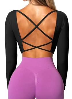 TZLDN Sport Oberteile Damen Rückenfrei T-Shirt Gym Top Yoga Langarm Crop Top Sportshirt Leicht Fitness Oberteil mit Daumenloch Strappy Back - Schwarz L von TZLDN