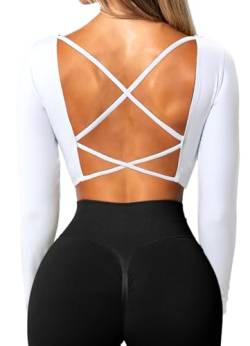 TZLDN Sport Oberteile Damen Rückenfrei T-Shirt Gym Top Yoga Langarm Crop Top Sportshirt Leicht Fitness Oberteil mit Daumenloch Strappy Back - Weiß L von TZLDN