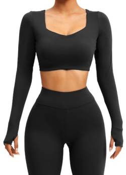 TZLDN Sport Oberteile Damen Rückenfrei T-Shirt Gym Top Yoga Langarm Crop Top Sportshirt Leicht Fitness Oberteil mit Daumenloch Tie Back - Schwarz L von TZLDN