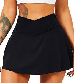 TZLDN Tennis Skort - Damen Sport Rock mit Shorts Laufrock Minirock Tennisrock Hosenrock Sommerrock Skirt Outdoor Workout Running A01 Schwarz XL von TZLDN