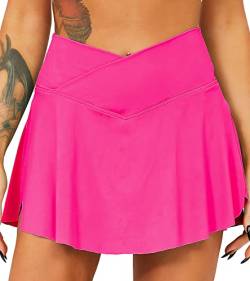 TZLDN Tennis Skort - Damen Sport Rock mit Shorts Laufrock Minirock Tennisrock Hosenrock Sommerrock Skirt Outdoor Workout Running A10 Neon-Pink XS von TZLDN