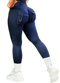 TZLDN V-Back Sport Leggings Damen Scrunch Leggins High Waist Bauchweg Sporthose Po Push Up Yoga Hosen Laufhosen Cargo - Dunkelblau L von TZLDN