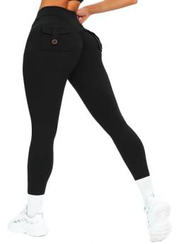 TZLDN V-Back Sport Leggings Damen Scrunch Leggins High Waist Bauchweg Sporthose Po Push Up Yoga Hosen Laufhosen Cargo - Schwarz XS von TZLDN