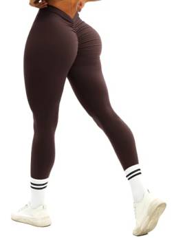 TZLDN V-Back Sport Leggings Damen Scrunch Leggins High Waist Bauchweg Sporthose Po Push Up Yoga Hosen Laufhosen V-Back - Braun XS von TZLDN