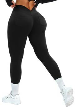 TZLDN V-Back Sport Leggings Damen Scrunch Leggins High Waist Bauchweg Sporthose Po Push Up Yoga Hosen Laufhosen V-Taschen - Schwarz S von TZLDN