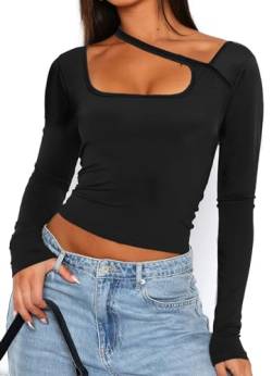 TZLDN Y2k Oberteil Damen Elegant Langarmshirt Fashion Crop Top Basic Langarm T-Shirt Bluse Aesthetic Clothes Outfit Shirt #2 Schwarz L von TZLDN