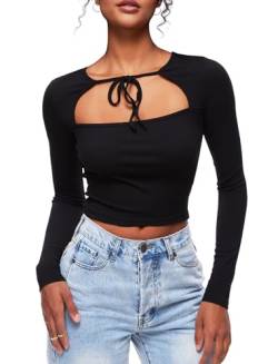 TZLDN Y2k Oberteil Damen Elegant Langarmshirt Fashion Crop Top Basic Langarm T-Shirt Bluse Aesthetic Clothes Outfit Shirt Tie-Up - Schwarz L von TZLDN