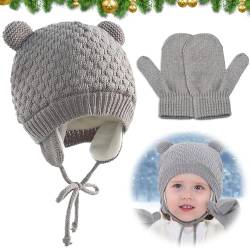 TZQFROCE Baby Wintermütze Babymütze Neugeborene Unisex Neugeborene Baby Mütze und Handschuhe Set Warmer Strickmützen Baby Mütze Winter Kindermützen für 0-36 Monate Jungen Mädchen - Grau von TZQFROCE