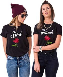 Best Friends T-Shirt für Mädchen Sister Shirt mit Rose BFF Shirt Schwarz Damen Tops Baumwolle Sommer Oberteil 1 Stück(Schwarz-Best, M) von Tabiekacl