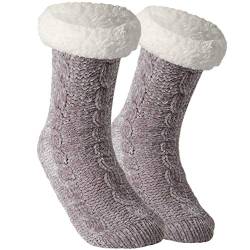 Tacobear Damen Kuschelsocken Haussocken Bettscoken Hüttensocken Wintersocken Chenille Socken Warme Dicke Socken mit Antirutschsohle für Damen und Herren (Hellgrau, ohne Pompom) von Tacobear