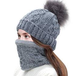 Tacobear Damen Strickmütze Bommelmütze Loop Schal Set Warm Wintermütze Beanie Hüte Winterschal Schlauchschal Strickschal Rundschal für Frauen und Mädchen (Grau) von Tacobear