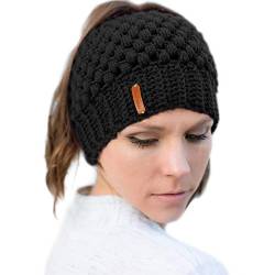 Tacobear Damen Wintermütze Pferdeschwanz Mütze Strickmütze mit Zöpfen Loch Beanie Hut für Pferdeschwanz Brötchen (Schwarz) von Tacobear