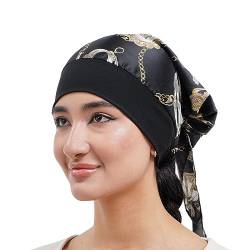 Tadipri Kopftuch Für Frauen Kopfbedeckung Damen Chemo Kopfbedeckung Im Voraus Gebunden Set Plissiert Headwrap Schals Gap Mütze Damen -Schwarz Kette von Tadipri