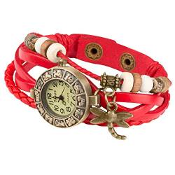 Taffstyle Damen-Armbanduhr Analog Quarz mit Leder-Armband Geflochten Charms Anhänger Uhr Retro Vintage Libelle Gold Rot von Taffstyle