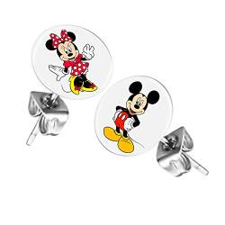 Taffstyle Damen Herren Stecker Rund Klein Ohrstecker Ohrringe Schmuck Runde Platte Silber mit Motiv Minnie und Mickey Mouse von Taffstyle