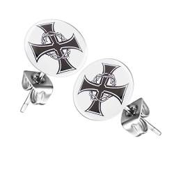 Taffstyle Damen Herren Stecker Rund Klein Ohrstecker Ohrringe Schmuck Runde Platte Silber mit Motiv eisernes Kreuz von Taffstyle