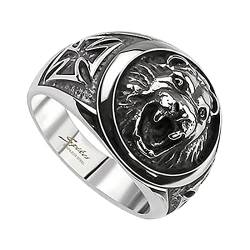 Taffstyle Herren Ring Edelstahl Massiv Breit Herrenring Männer Biker Rocker 3D Löwenkopf Cross Kreuz Löwe König Siegelring Silber Größe 70 (22.3) von Taffstyle