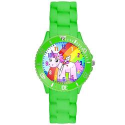 Taffstyle Kinder-Armbanduhr Analog Quarz mit Silikon-Armband Zahlen Einhorn Kinderuhr Lernuhr Sport-Uhr Rainbow Grün von Taffstyle