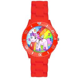 Taffstyle Kinder-Armbanduhr Analog Quarz mit Silikon-Armband Zahlen Einhorn Kinderuhr Lernuhr Sport-Uhr Rainbow Rot von Taffstyle