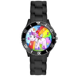 Taffstyle Kinder-Armbanduhr Analog Quarz mit Silikon-Armband Zahlen Einhorn Kinderuhr Lernuhr Sport-Uhr Rainbow Schwarz von Taffstyle