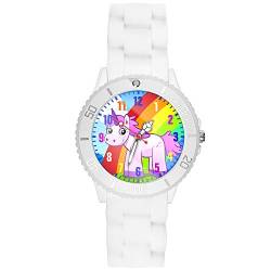 Taffstyle Kinder-Armbanduhr Analog Quarz mit Silikon-Armband Zahlen Einhorn Kinderuhr Lernuhr Sport-Uhr Rainbow Weiß von Taffstyle