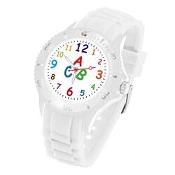 Taffstyle Kinder Armbanduhr Silikon ABC Zahlen Motiv Sportuhr Analog Quarz Bunte Sport Uhr Farbige Kinderuhr Mädchen Junge Lernuhr 34mm Weiß von Taffstyle