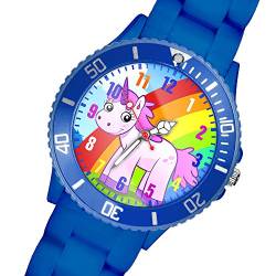 Taffstyle Kinder Armbanduhr Silikon Einhorn Unicorn Pferd Gummi Sportuhr Analog Quarz Bunte Sport Uhr Farbige Kinderuhr Mädchen Mädchenuhr Lernuhr Blau von Taffstyle