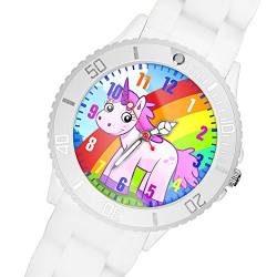 Taffstyle Kinder Armbanduhr Silikon Einhorn Unicorn Pferd Gummi Sportuhr Analog Quarz Bunte Sport Uhr Farbige Kinderuhr Mädchen Mädchenuhr Lernuhr Weiß von Taffstyle