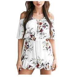 Taiduosheng Damen Off Shoulder V-Ausschnitt Floral Print Kurzer Strampler Jumpsuit, Weißer Druck, 46 von Taiduosheng