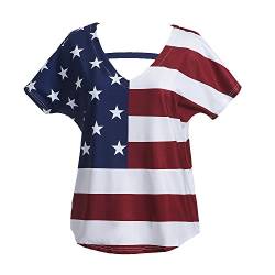 Taiduosheng Damen T-Shirt, kurzärmelig, V-Ausschnitt, amerikanische Flagge - Weiß - Groß von Taiduosheng