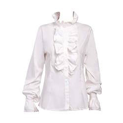 Taiduosheng Damen Vintage viktorianische Hemden Trompetenärmel Tops Hoher Ausschnitt Rüschen Knopfleiste Hemd Bluse, White, Small von Taiduosheng
