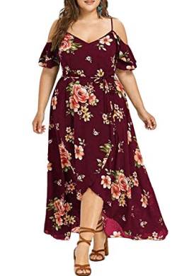 Taigood Damen Plus Size Boho Floral Bedruckte Split Maxi-Kleid Kalte Schulter Boho Beach Maxi-Kleid Wine Red L von Taigood
