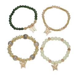 Tainrunse Armband Charm Perlen Damen Bohemia Stil Set mit Kunstkristall Perlen Schmetterlinge Anhänger Elastisches Armband, Metalllegierung, Legierung von Tainrunse