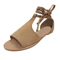 Take Idea Sandalen Damen VerschleißFest Wildleder Riemensandale Flache Sandalen Non-Slip Strandsandalen Round Toe Peeptoe Sandalette SchnüR Freizeitsandalen Bequemschuhe RöMersandalen von Take Idea