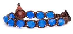 Tamashii Armband 1 Runde Original tibetische Linie Diamond Cut aus Naturstein 8 mm blauer Achat und brauner Kordel. Unisex.Einheitsgröße BHS911-18, Baumwolle, Blauer Achat von Tamashii