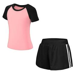 Tancefair Kinder Mädchen Jungen Trainingsanzug 2/3 tlg Sportanzug Jogging Bekleidungsset Freizeitanzug (Shirt + Hose) Training Laufen Fußball Basketball Trikots Yoga,110, Girls 2 Piece Set Pink von Tancefair