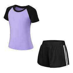 Tancefair Kinder Mädchen Jungen Trainingsanzug 2/3 tlg Sportanzug Jogging Bekleidungsset Freizeitanzug (Shirt + Hose) Training Laufen Fußball Basketball Trikots Yoga,110,Girls 2 Piece Set Purple von Tancefair