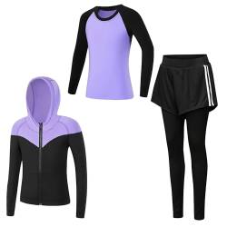 Tancefair Kinder Mädchen Jungen Trainingsanzug 2/3 tlg Sportanzug Jogging Bekleidungsset Freizeitanzug (Shirt + Hose) Training Laufen Fußball Basketball Trikots Yoga,130,Girls 3 Piece Set Purple von Tancefair