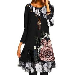 Damen Chiffon bedrucktes Loses Kleid elegant Langarm für Frühling und Herbst (Schwarz mit großen Blumen, 2XL) von TangDao