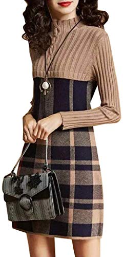 Damen Elegante Plaid Pullover Strickkleid Midi-Kleid Winter Strickpullover A-Linie (Aprikose, M) von TangDao