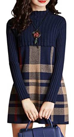 Damen Elegante Plaid Pullover Strickkleid Midi-Kleid Winter Strickpullover A-Linie (Dunkelblau, L) von TangDao
