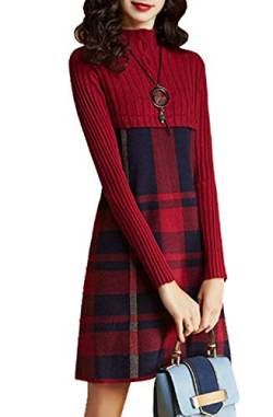 Damen Elegante Plaid Pullover Strickkleid Midi-Kleid Winter Strickpullover A-Linie (Rot, L) von TangDao