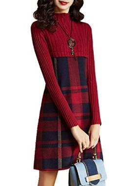 Damen Elegante Plaid Pullover Strickkleid Midi-Kleid Winter Strickpullover A-Linie (Rot, M) von TangDao